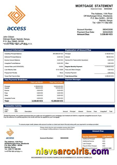 Kenya Access Bank mortgage statement Word and PDF template